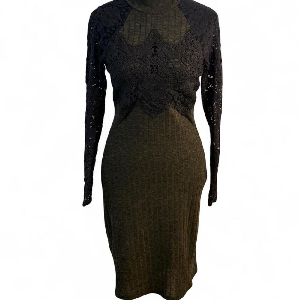 90s Dark Academia Gothcore Olive Ribbed Knit Midi Dress Lace Sleeve Bodice